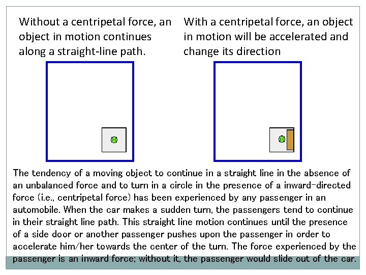 Without a centripetal force, an With a centripetal force, an object in motion continues