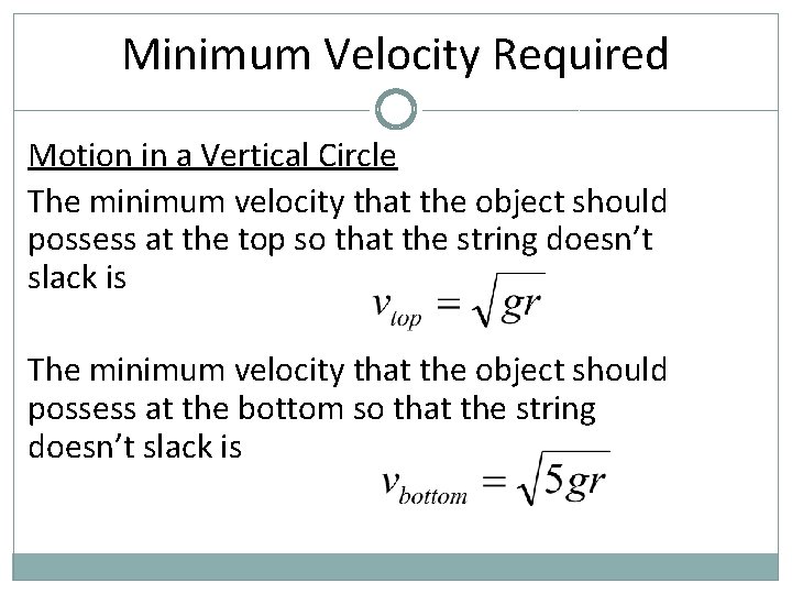 Minimum Velocity Required Motion in a Vertical Circle The minimum velocity that the object