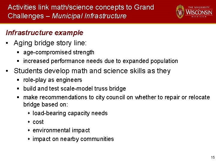 Activities link math/science concepts to Grand Challenges – Municipal Infrastructure example • Aging bridge