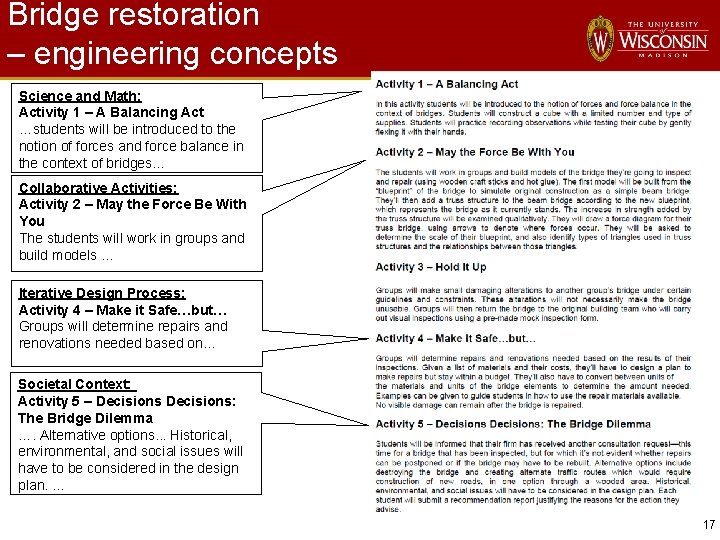 Bridge restoration – engineering concepts Science and Math: Activity 1 – A Balancing Act