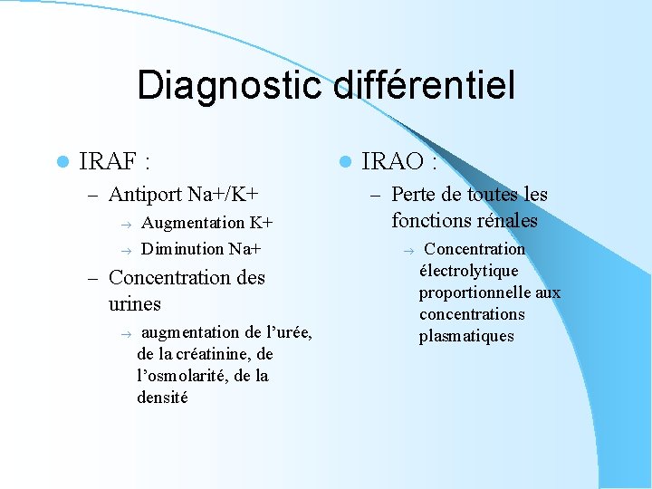 Diagnostic différentiel l IRAF : – Antiport Na+/K+ Augmentation K+ Diminution Na+ – Concentration