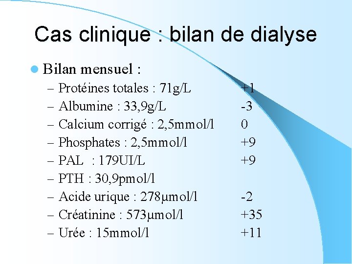 Cas clinique : bilan de dialyse l Bilan mensuel : – Protéines totales :