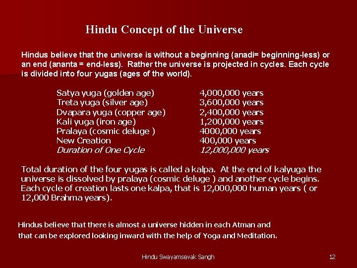 Hindu Concept of the Universe Hindus believe that the universe is without a beginning