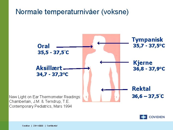 Normale temperaturnivåer (voksne) Oral Tympanisk 35, 7 - 37, 5°C 35, 5 - 37,