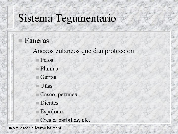 Sistema Tegumentario n Faneras – Anexos cutaneos que dan protección. n Pelos n Plumas