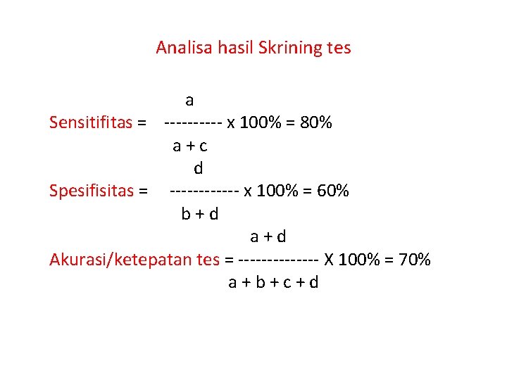 Analisa hasil Skrining tes a Sensitifitas = ----- x 100% = 80% a +