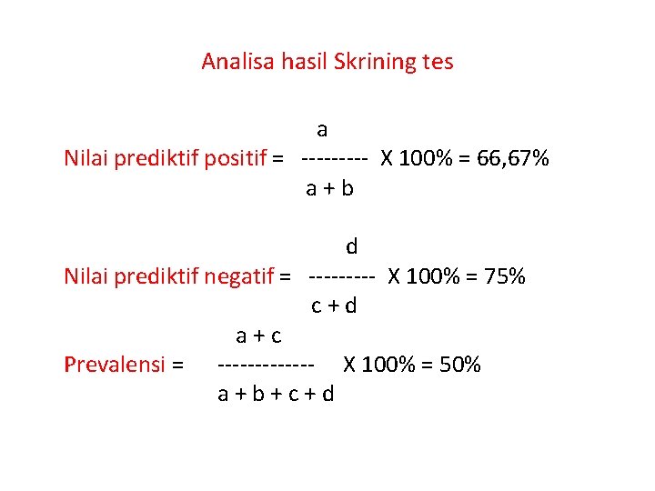 Analisa hasil Skrining tes a Nilai prediktif positif = ----- X 100% = 66,