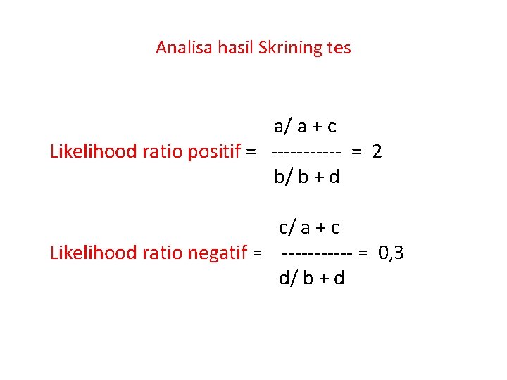 Analisa hasil Skrining tes a/ a + c Likelihood ratio positif = ------ =