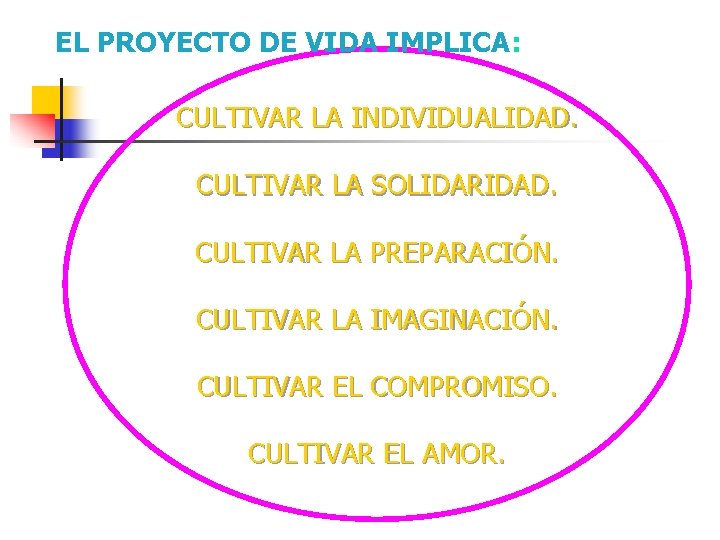 EL PROYECTO DE VIDA IMPLICA: CULTIVAR LA INDIVIDUALIDAD. CULTIVAR LA SOLIDARIDAD. CULTIVAR LA PREPARACIÓN.