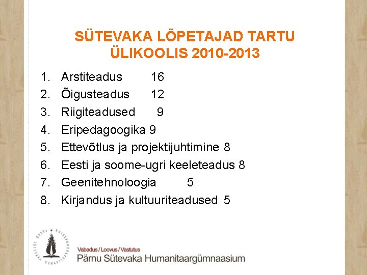 SÜTEVAKA LÕPETAJAD TARTU ÜLIKOOLIS 2010 -2013 1. 2. 3. 4. 5. 6. 7. 8.