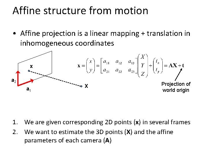 Affine structure from motion • Affine projection is a linear mapping + translation in