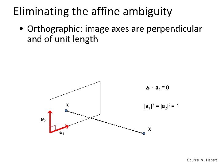 Eliminating the affine ambiguity • Orthographic: image axes are perpendicular and of unit length