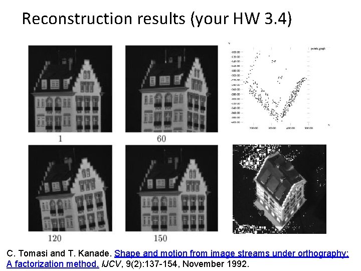 Reconstruction results (your HW 3. 4) C. Tomasi and T. Kanade. Shape and motion