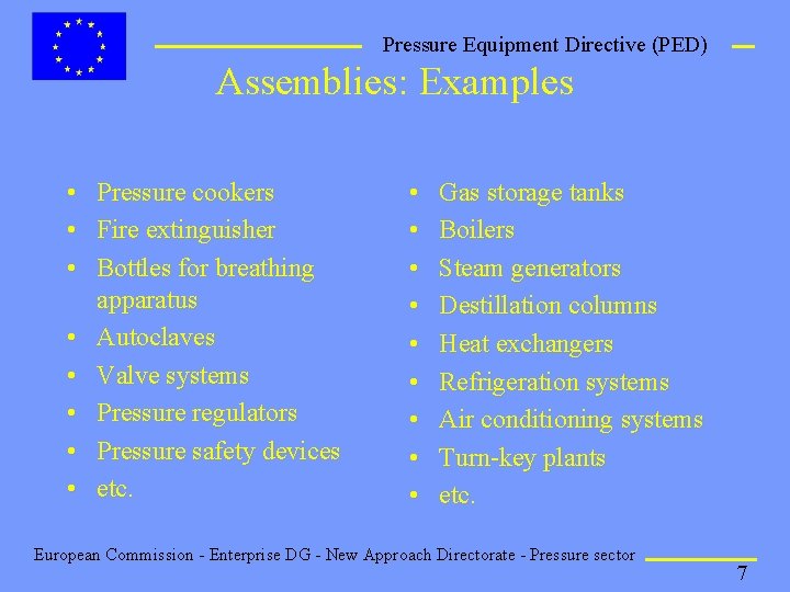 Pressure Equipment Directive (PED) Assemblies: Examples • • Pressure cookers Fire extinguisher Bottles for
