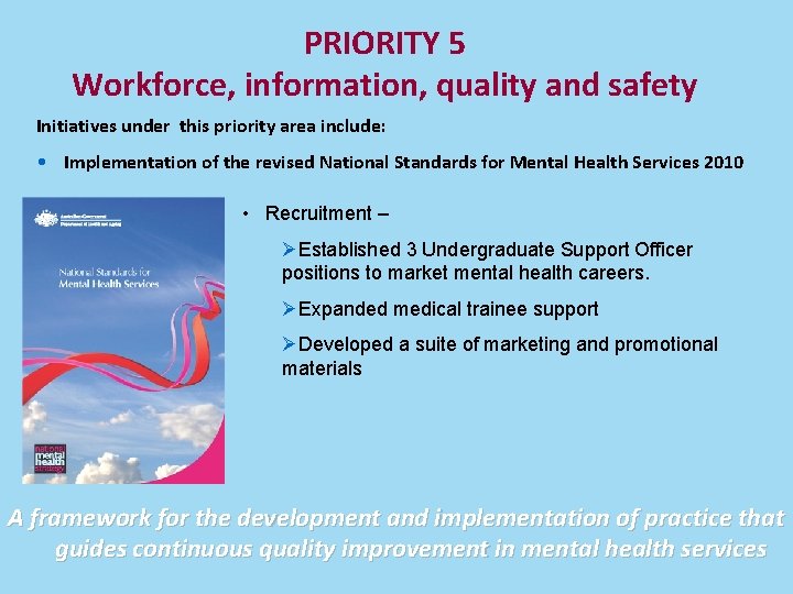 PRIORITY 5 Workforce, information, quality and safety Initiatives under this priority area include: • PRIORITY 5 Workforce, information, quality and safety Initiatives under this priority area include: •