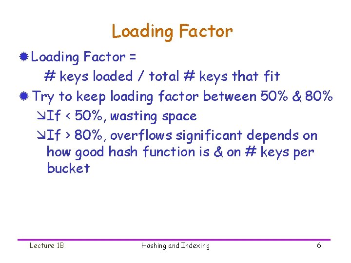 Loading Factor ® Loading Factor = # keys loaded / total # keys that