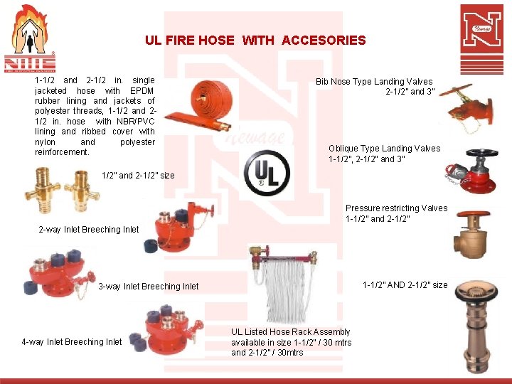 UL FIRE HOSE WITH ACCESORIES 1 -1/2 and 2 -1/2 in. single jacketed hose