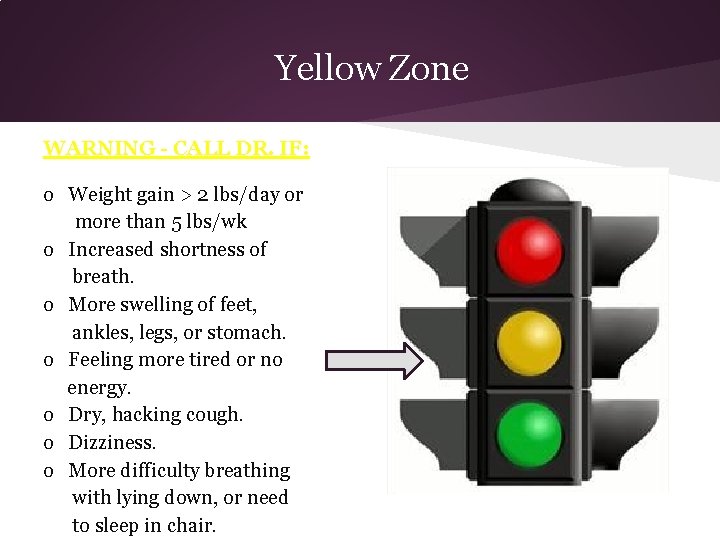 Yellow Zone WARNING - CALL DR. IF: o Weight gain > 2 lbs/day or