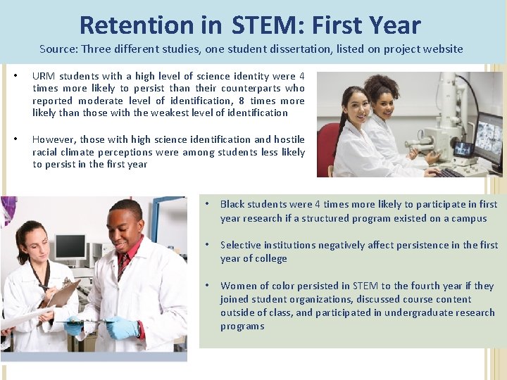 Retention in STEM: First Year Source: Three different studies, one student dissertation, listed on Retention in STEM: First Year Source: Three different studies, one student dissertation, listed on