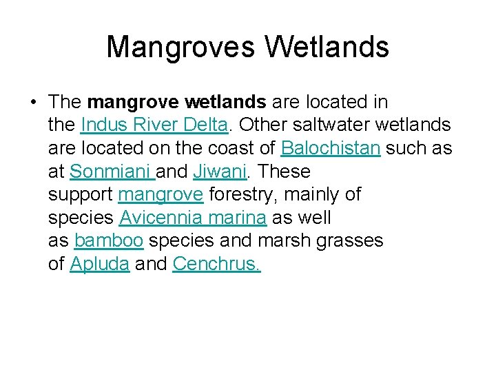 Mangroves Wetlands • The mangrove wetlands are located in the Indus River Delta. Other