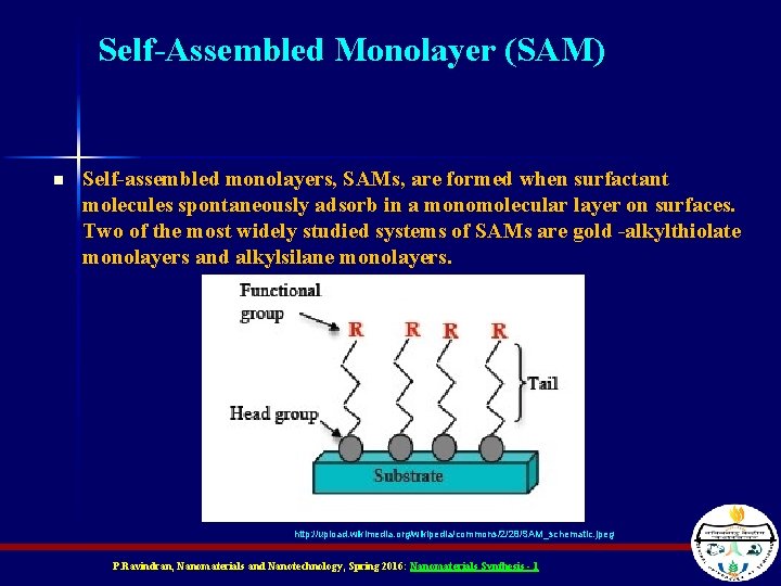 Self-Assembled Monolayer (SAM) n Self-assembled monolayers, SAMs, are formed when surfactant molecules spontaneously adsorb