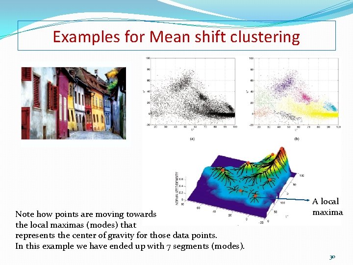 Examples for Mean shift clustering Note how points are moving towards the local maximas