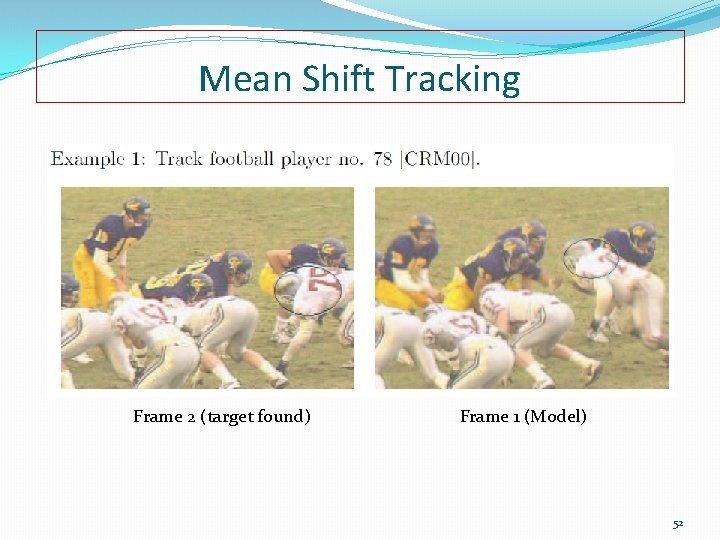 Mean Shift Tracking Frame 2 (target found) Frame 1 (Model) 52 