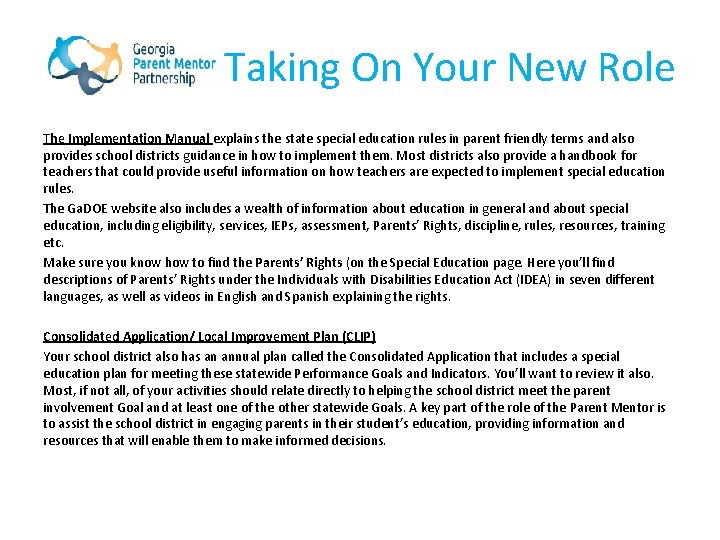 Taking On Your New Role The Implementation Manual explains the state special education rules