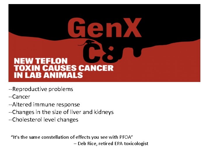 --Reproductive problems --Cancer --Altered immune response --Changes in the size of liver and kidneys --Reproductive problems --Cancer --Altered immune response --Changes in the size of liver and kidneys