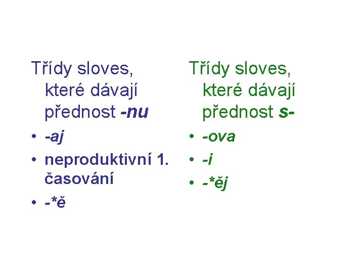 Třídy sloves, které dávají přednost -nu Třídy sloves, které dávají přednost s- • -aj