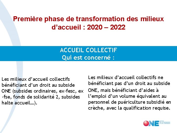 Première phase de transformation des milieux d’accueil : 2020 – 2022 ACCUEIL COLLECTIF Qui