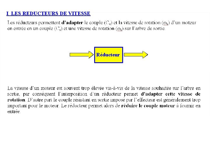 I LES REDUCTEURS DE VITESSE Réducteur 