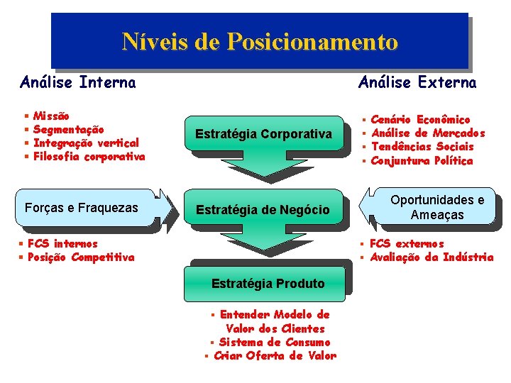 Níveis de Posicionamento Análise Interna § § Missão Segmentação Integração vertical Filosofia corporativa Forças