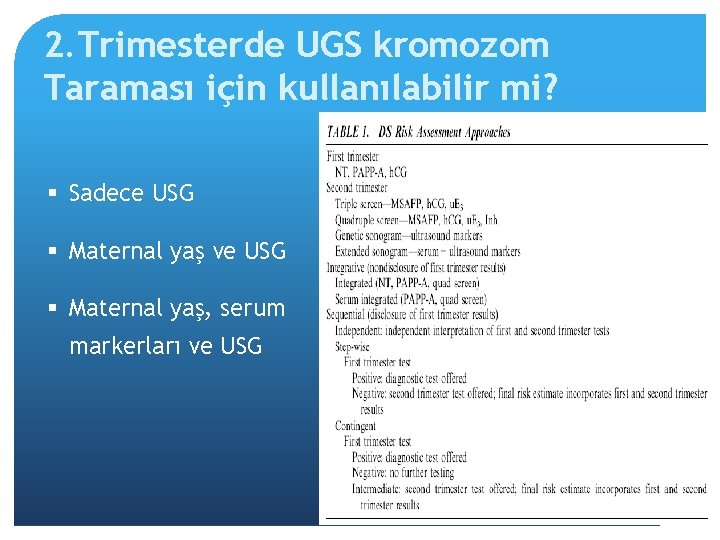 2. Trimesterde UGS kromozom Taraması için kullanılabilir mi? § Sadece USG § Maternal yaş