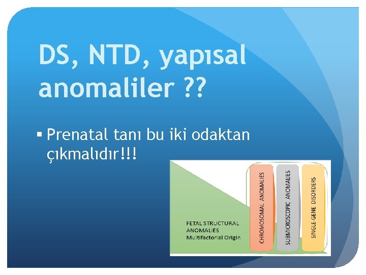 DS, NTD, yapısal anomaliler ? ? § Prenatal tanı bu iki odaktan çıkmalıdır!!! 