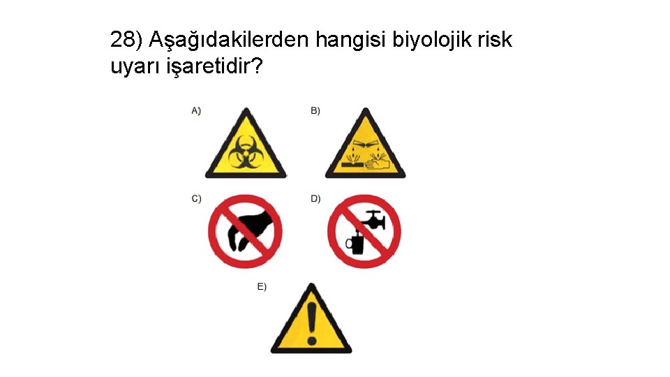 28) Aşağıdakilerden hangisi biyolojik risk uyarı işaretidir? 