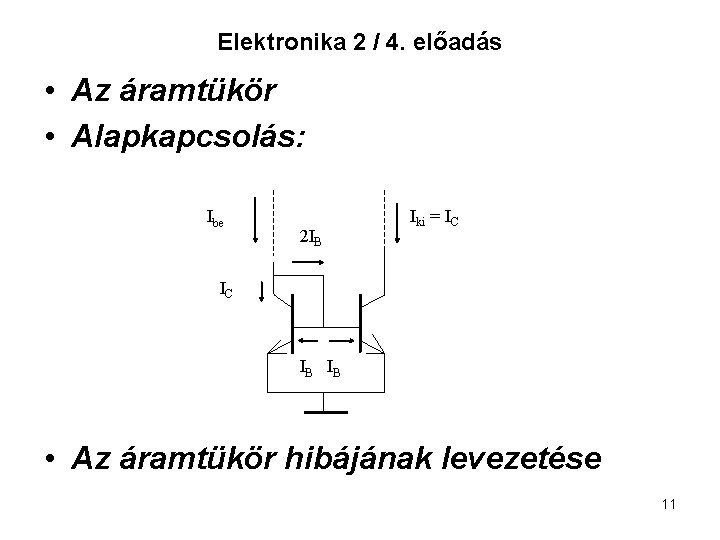 Elektronika 2 / 4. előadás • Az áramtükör • Alapkapcsolás: Ibe 2 IB Iki