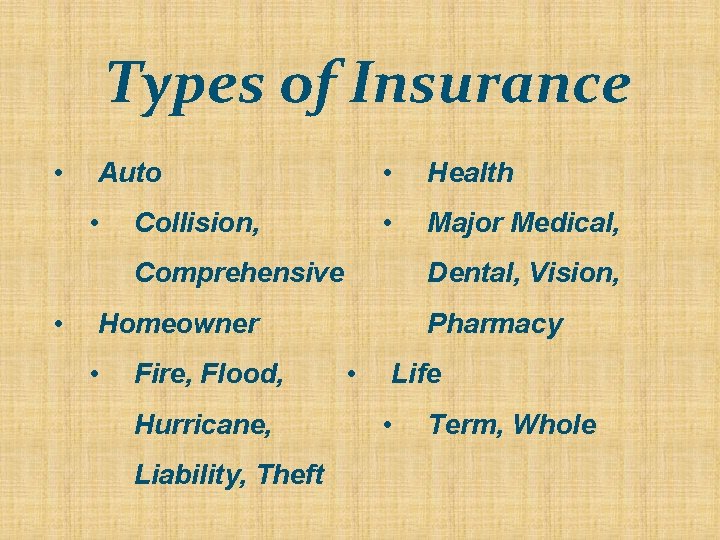 Types of Insurance • Auto • Collision, • Health • Major Medical, Comprehensive •