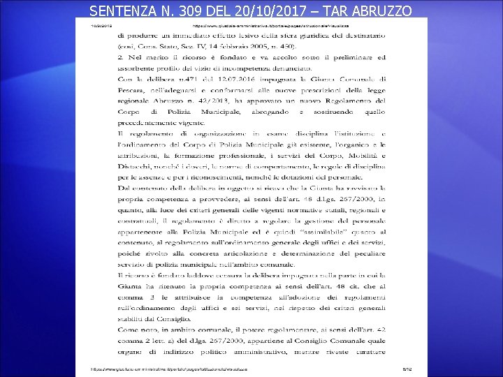 SENTENZA N. 309 DEL 20/10/2017 – TAR ABRUZZO 