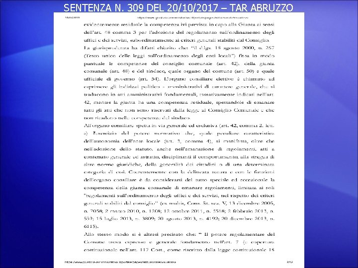 SENTENZA N. 309 DEL 20/10/2017 – TAR ABRUZZO 