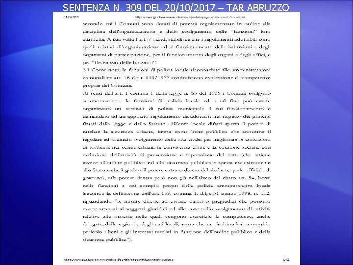 SENTENZA N. 309 DEL 20/10/2017 – TAR ABRUZZO 