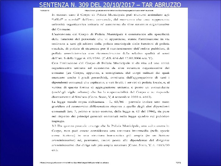 SENTENZA N. 309 DEL 20/10/2017 – TAR ABRUZZO 