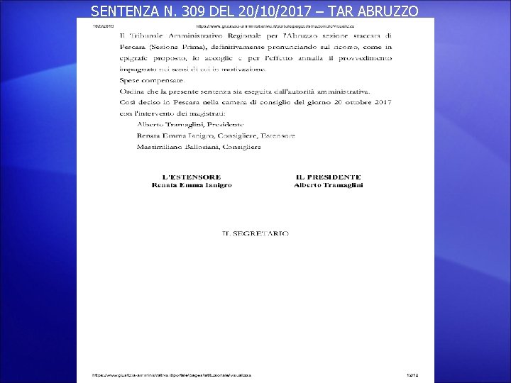 SENTENZA N. 309 DEL 20/10/2017 – TAR ABRUZZO 