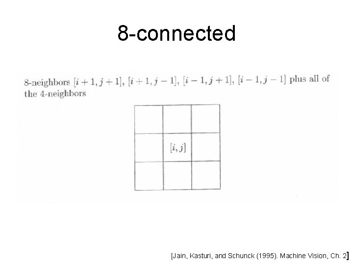 8 -connected [Jain, Kasturi, and Schunck (1995). Machine Vision, Ch. 2] 