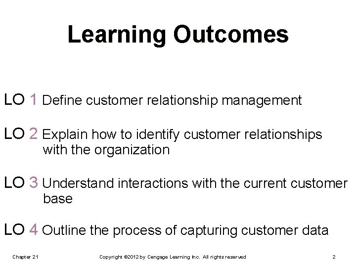 Learning Outcomes LO 1 Define customer relationship management LO 2 Explain how to identify