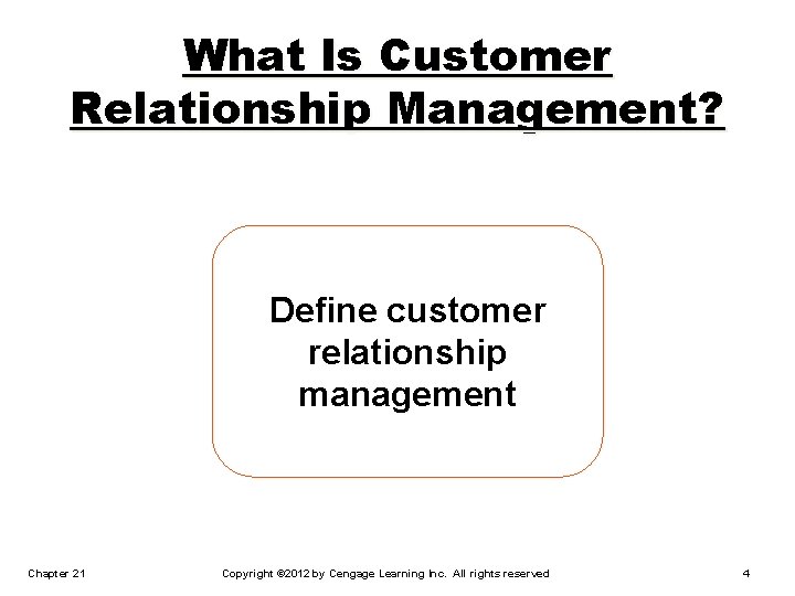 What Is Customer Relationship Management? Define customer relationship management Chapter 21 Copyright © 2012