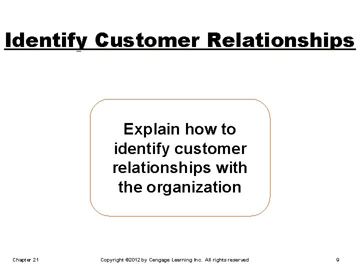 Identify Customer Relationships Explain how to identify customer relationships with the organization Chapter 21