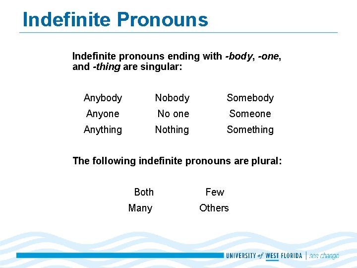 Indefinite Pronouns Indefinite pronouns ending with -body, -one, and -thing are singular: Anybody Nobody