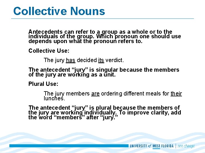 Collective Nouns Antecedents can refer to a group as a whole or to the