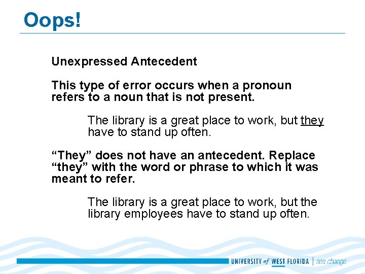 Oops! Unexpressed Antecedent This type of error occurs when a pronoun refers to a